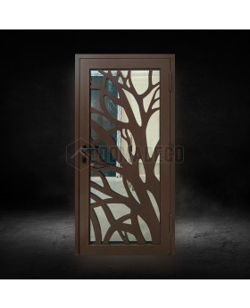 Puerta de aluminio con entrada de cristal marrón y panel decorativo.