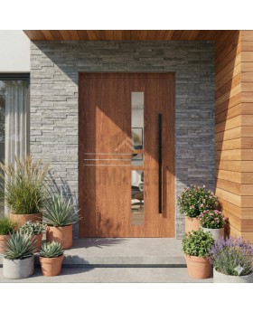 Puerta pivotante moderna de aluminio color roble dorado