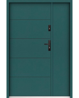 Sta Henson Uno: puerta de entrada contemporánea de acero con nervaduras y panel lateral.