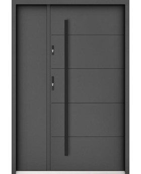 Sta Henson Uno: puerta de entrada contemporánea de acero con nervaduras y panel lateral.