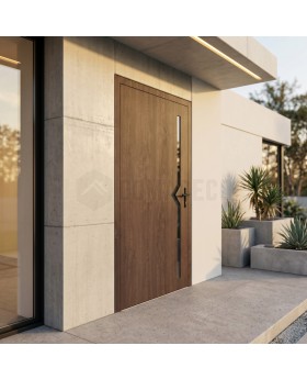 Puerta de entrada de aluminio color nogal para vivienda con cristal