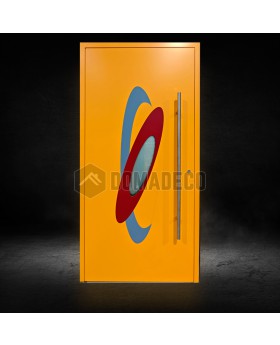 Puerta giratoria de aluminio antracita con óvalos de colores
