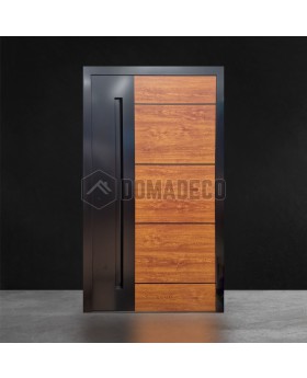 Puerta de entrada de aluminio antracita con decoración de madera de roble dorado.