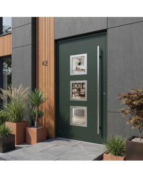 Puerta de entrada de aluminio verde con tres ventanas