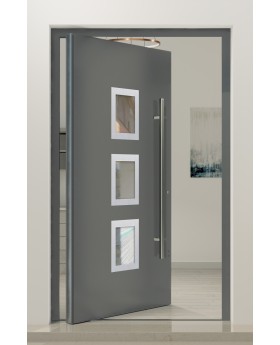 PIVOT Izobar: puerta de aluminio con un solo pivote y cinco ventanas.