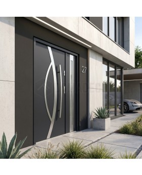 Puerta de entrada exterior negra con panel lateral