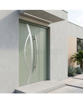 Puerta de entrada exterior verde con panel lateral