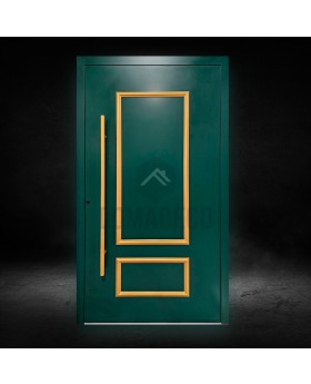 Puerta tradicional de aluminio con bisagras, de estilo clásico y color verde.