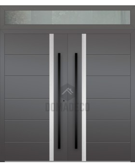 Puerta doble LIM de aluminio con panel superior de cristal.