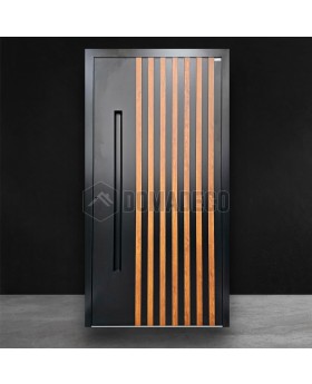 Puerta exterior de aluminio negro con lamas verticales de perfiles de aluminio