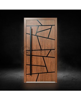 Puerta de entrada moderna de aluminio color roble dorado con rayas negras