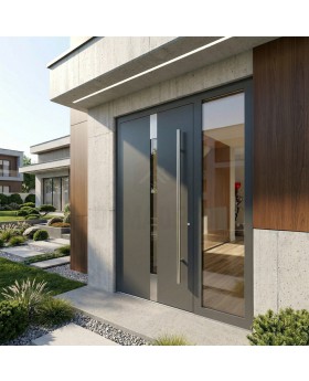 Puerta de entrada moderna de aluminio color antracita con panel de vidrio derecho.