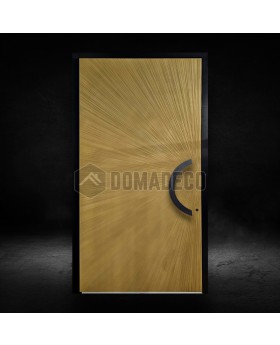Puerta frontal de aluminio con bisagras y textura dorada de metal fresado