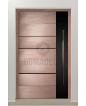 Puerta pivotante de aluminio con textura de cobre de metal fresado.
