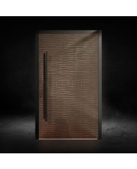 Puerta de entrada frontal de aluminio con bisagras y textura de metal fresado.