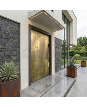 Puerta de entrada con bisagras de aluminio con textura de latón amarillo de metal fresado.