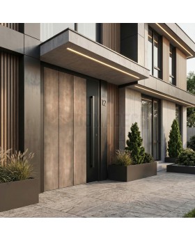 Puerta de entrada con bisagras de aluminio con textura de níquel dorado de metal fresado.