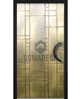 Puerta de entrada con bisagras de aluminio con textura de latón amarillo de metal fresado.
