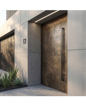 Puerta con bisagras de aluminio con metal líquido bronce
