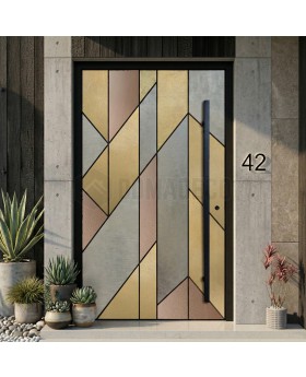 Puerta de entrada con bisagras de aluminio negro recubierta con metal líquido de diferentes colores.