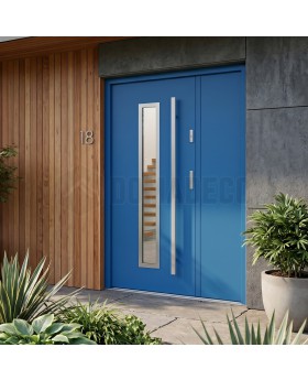 Puerta de entrada metálica azul con panel lateral