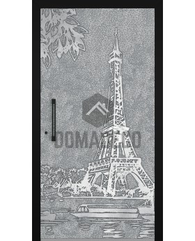Puerta de entrada de aluminio con textura de la Torre Eiffel en metal fresado.