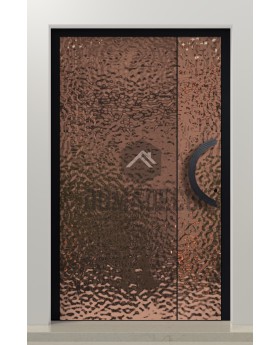 PIVOT B1: puerta pivotante de aluminio recubierta con chapa de acero inoxidable chapada en cobre.