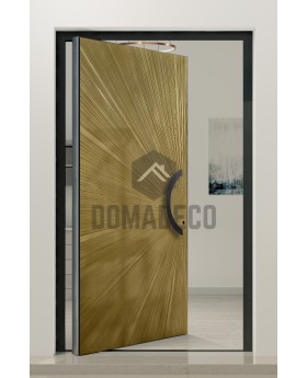 PIVOT M8: puerta pivotante de aluminio con textura dorada de metal fresado.