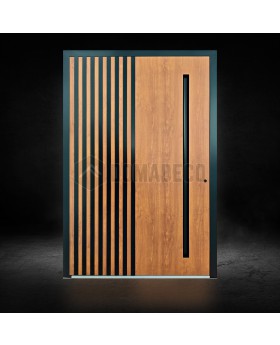 Puerta pivotante de aluminio en tono roble dorado con lamas verticales negras fabricadas con perfiles de aluminio
