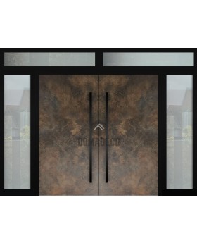 Puerta doble LIM de aluminio con panel de cristal superior izquierdo, derecho y central.