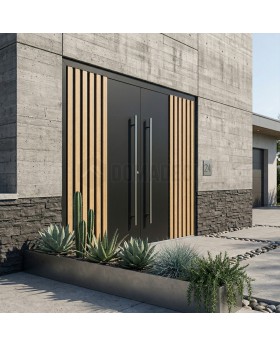 Puerta doble de aluminio negro con lamas verticales fabricadas con perfiles de aluminio.