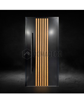 Puerta de entrada de aluminio negro con lamas verticales de perfiles de aluminio
