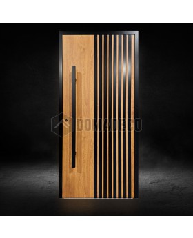 Puerta de entrada de aluminio color roble dorado con lamas verticales negras fabricadas con perfiles de aluminio.