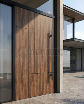Puerta pivotante de aluminio con laminado de alta presión en nogal.