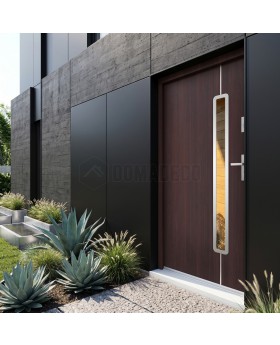 Puerta de entrada de acero en color caoba con cristal