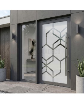 Puerta de seguridad de aluminio antracita esmerilada con decoración transparente