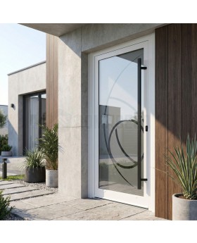 Puerta de entrada de aluminio blanco esmerilado con decoración transparente.