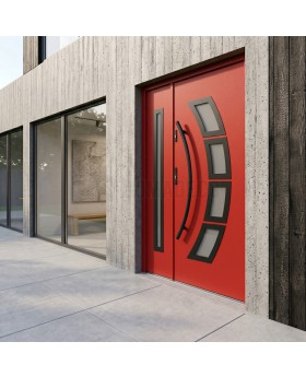 Puerta de entrada moderna de acero rojo con panel lateral