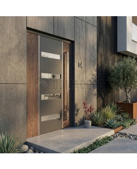 Puerta de entrada de aluminio antracita con decoración de madera