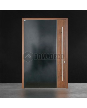 Puerta de entrada pivotante de aluminio con decoración de madera