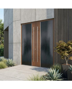 Puerta de entrada doble de aluminio en color antracita con detalles en madera de roble dorado