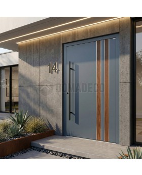 Puerta de entrada de aluminio antracita con decoración de madera