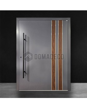 puerta de entrada de aluminio antracita con decoración de madera de nogal