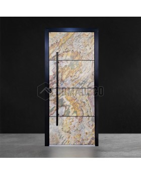 Puerta de entrada de aluminio con piedra arenisca