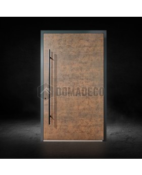 Puerta de entrada de aluminio oxidado recubierta de cuarzo sinterizado corten.