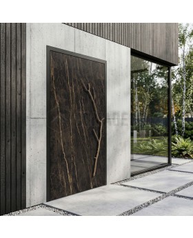 Puerta abatible de aluminio revestida con cuarzo sinterizado Noir Desir.