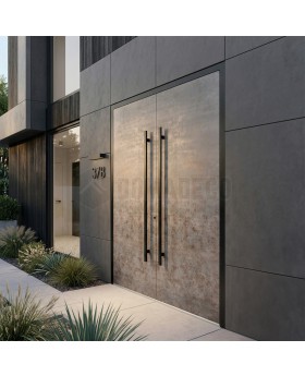 Puerta doble de entrada de aluminio negro revestida de cuarzo sinterizado