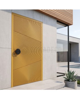 Puerta principal giratoria de color amarillo con diseño fresado