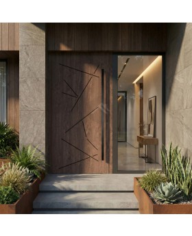 Puerta de entrada de aluminio con acabado en nogal y rayas