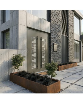 Puerta doble de aluminio en color gris oliva con cristal decorativo